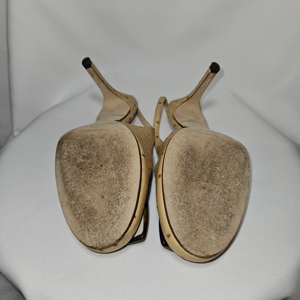 Kate Spade Pumps Tan Leather Ostrich Round Ornament Toe Slingback Size 6.5 B - Picture 6 of 7